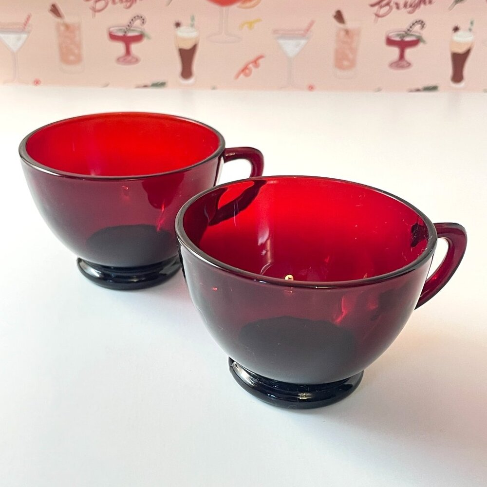 VTG Ruby Red Punch Cups, Mid-Century Footed Glass Mug, Holiday Glass Set of 2